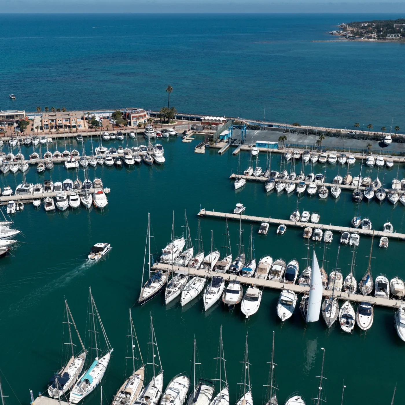 Aerial view of marina with moored boats